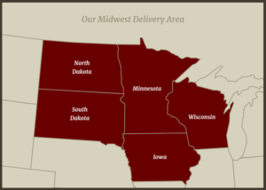 Excelsior Homes Delivery Area Map, modular homes in MN and upper Midwest