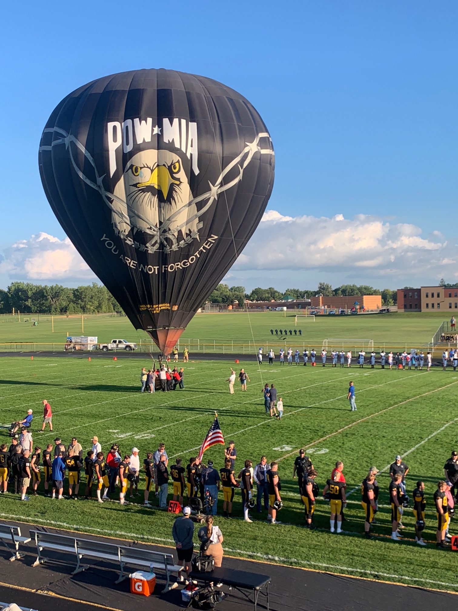 hot air balloon on football field