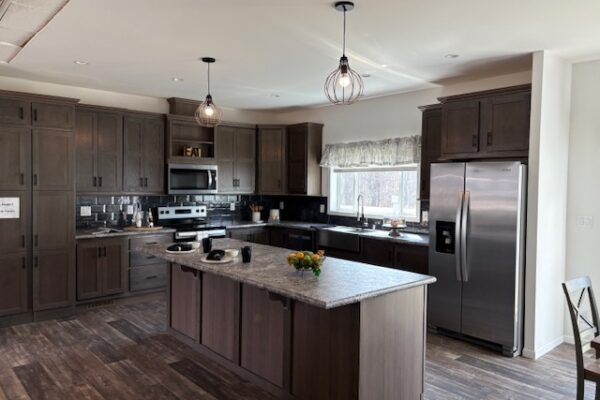 Kitchen of a long lasting modular or manufactured home.